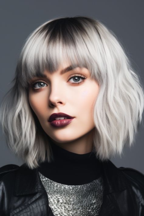 Silver hair with baby bangs is a style for those who love a vintage flair. The short, straight-across bangs complement the silver color, giving it a modish, retro vibe. Click here to check out more stunning silver hair color ideas for 2023. Blonde Straight Bangs, Silver Bob With Bangs, Silver Hair With Bangs, Silver Hair Bob, Hair Color Ideas For 2023, Brighten Gray Hair, Silver Hair Color Ideas, Short Hair Color Ideas, Bob Hairstyle Ideas