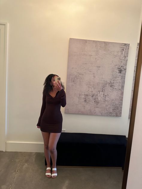 #shortbrowndress #sheindress #dress #shein #brown #mirror #cute #sandals #summeroutfit #dressideas #aesthetic #cleangirlaesthetic Brown Dress White Heels, Short Brown Dress, Chocolate Brown Dress, Brown Mirror, Dresses Aesthetic, Shein Dress, Mirror Pic, White Heels, Cute Sandals