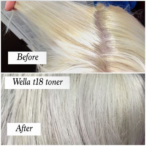 Before and after using t18 wella toner on bleach hair. How I get my hair completely white/silver. Wella Hair Toner, Wella Toner T18, T18 Toner, Wella Formulas, Bilage Hair, Wella Color Charm Toner, Wella T18, Wella Toner, Hair Formulas