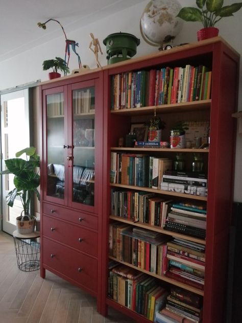 Hemnes Red, Ikea Hemnes Bookcase, Red Bookcase, Red Bookshelf, Beautiful Bookshelf, Ikea Hemnes, Cosy Room, Shelf Design, Affordable Furniture