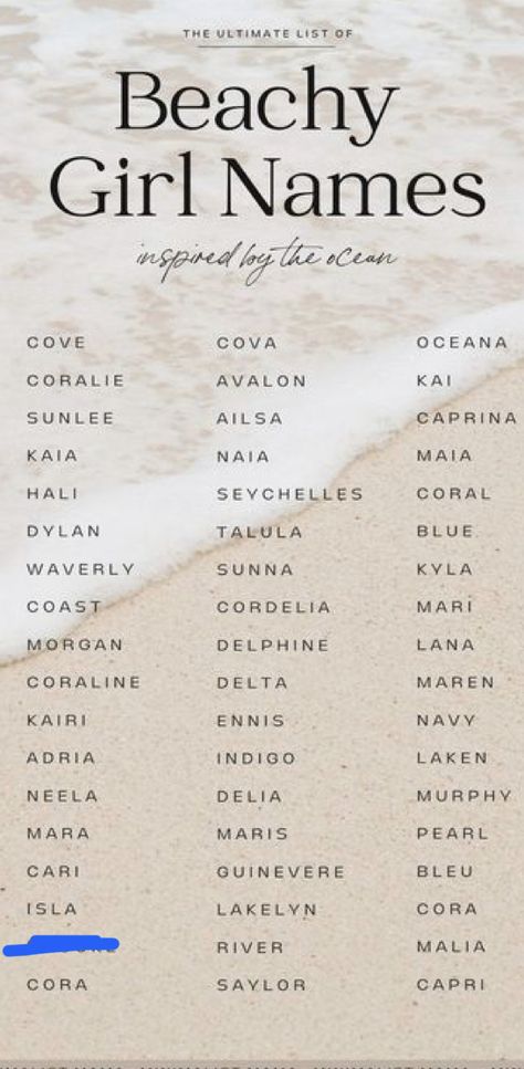 Preppy Last Names, Ocean Last Names, Sea Names Girl, Beach Names Ideas, Ocean Themed Names, Coastal Baby Names, Ocean Names Girl, Island Names Ideas, Ocean Boy Names