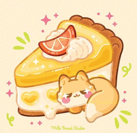 Milk Bread Studio Art, Cute Food Art Wallpaper, Cute Orange Drawing, Lemon Cute, Fox Food, Pie Drawing, Cute Fox Drawing, Desserts Drawing, Dessert Art