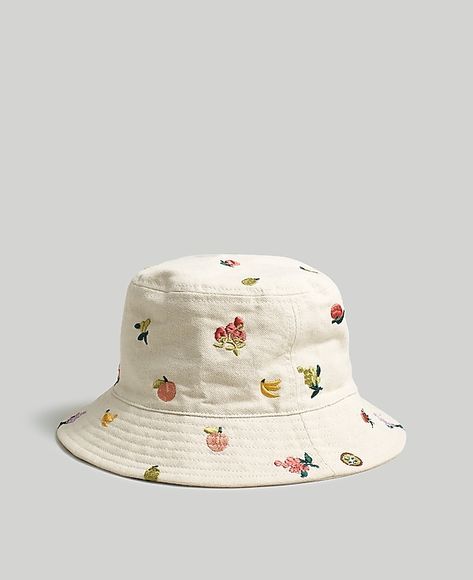 Fresca Fruit Embroidered Bucket Hat | Madewell Embroider Hats, Bucket Hat Embroidery, Rich Girl Fashion, 2023 Wishlist, Skater Vibes, Embroidered Bucket Hat, 90s Skater, Earring Kit, Embroidered Canvas