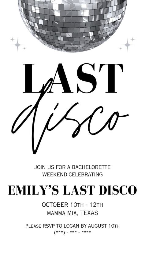 Custom Last Disco Bachelorette Party Invites and Event Details! Disco Theme Party Invitations, Disco Theme Invitations, The Last Disco Bachelorette, Party Ideas Disco, Disco Invitations, Disco Party Invitations, Invitation Disco Party Birthday, Disco Party Invite, Disco Birthday Invite