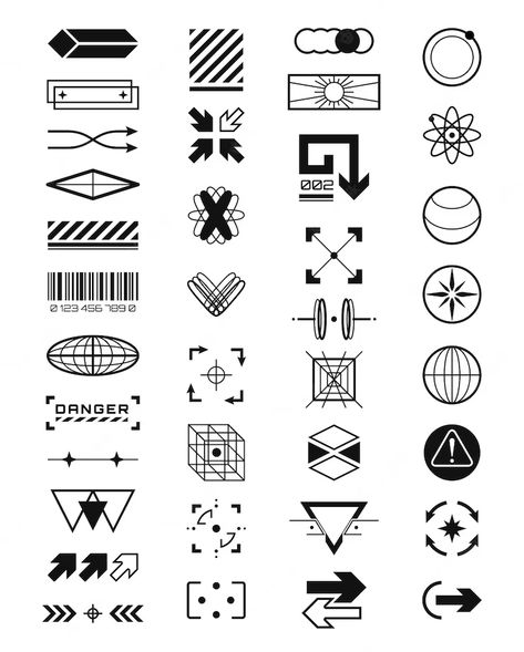 Futurism Logo Design, Futuristic Shapes Design, Sci Fi Shapes, Scifi Design Graphic, Retro Futuristic Elements, Scifi Logo Design, Sci Fi Elements, Cyberpunk Design Elements, Scifi Symbols