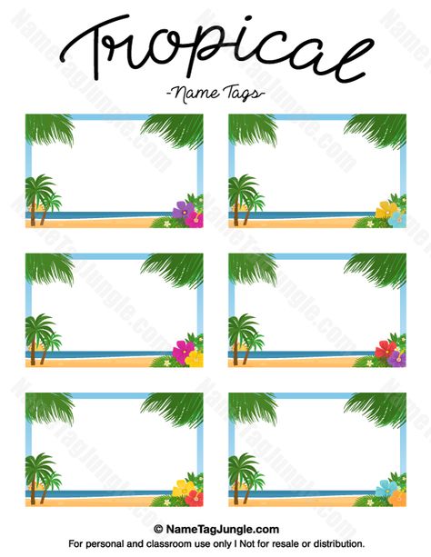 Free printable tropical name tags. The template can also be used for creating items like labels and place cards. Download the PDF at http://nametagjungle.com/name-tag/tropical/ Tropical Name Tags, Tag Template Free, Tropical Classroom, Tropical Room, Hawaiian Names, Printable Tags Template, Name Tag Templates, Tag Templates, Fiesta Tropical