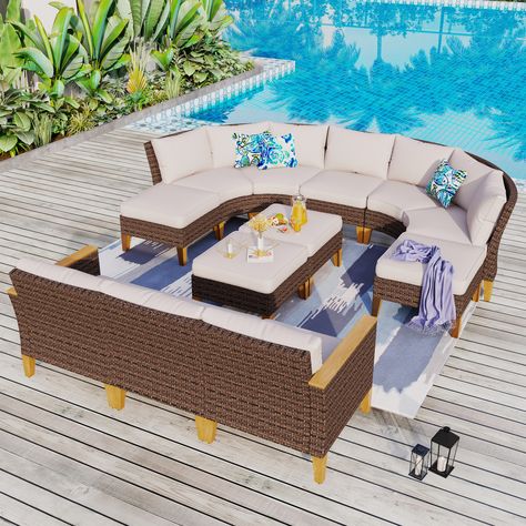 11-Piece Outdoor Wicker Half-Round Furniture Set, Half-Moon Sectional Sofa All Weather Curved Conversation Set - Bed Bath & Beyond - 37667050 Wicker Sofa Outdoor, Round Furniture, Curved Sectional, Conversation Sofa, Wicker Patio Furniture Set, Three Seat Sofa, Wicker Patio Furniture, Wicker Sofa, Beige Cushions