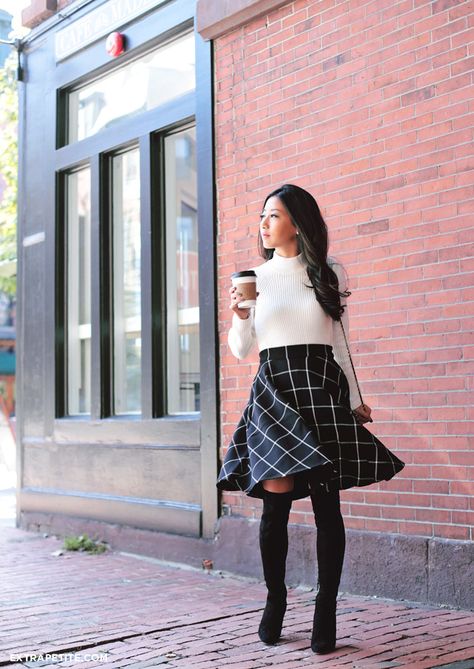 Paris style fall outfit - plaid macys circle skirt, over the knee cole haan boots, maison jules turtleneck sweater Paris Style Fall, Plaid Outfits Fall, Skirt Outfits Fall, Extra Petite, Rock Outfit, Outfits Casual, Petite Fashion, Work Attire, Mode Inspiration