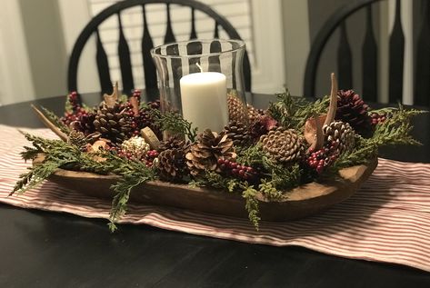 Wood Dough Bowl Centerpiece Christmas, Dough Bowl With Christmas Trees, Xmas Dough Bowl Ideas, Hobby Lobby Dough Bowl Decor, February Dough Bowl Decor, Dining Table Dough Bowl Centerpiece, Centerpiece Decor For Dining Table, Christmas Decor Dough Bowl, Dough Bowl Painting Ideas