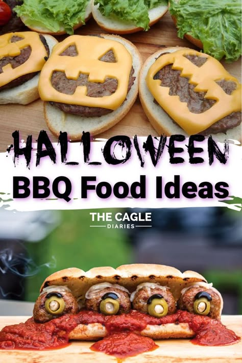 This list of awesome Halloween BBQ food ideas is the perfect list for someone that is having a Halloween party and is looking for Halloween food ideas. A lot of the time we like to BBQ for Halloween so if you're like me and always looking for Halloween food recipes, especially food ideas for kids, then this list is for you. There's a lot of really cool ideas for Halloween party food. Halloween Themed Burgers, Bbq Halloween Food, Halloween Pulled Pork Ideas, Halloween Bbq Ideas, Halloween Cookout Ideas, Halloween Hamburger Ideas, Halloween Bbq Food, Halloween Meatball Ideas, Halloween Hot Food