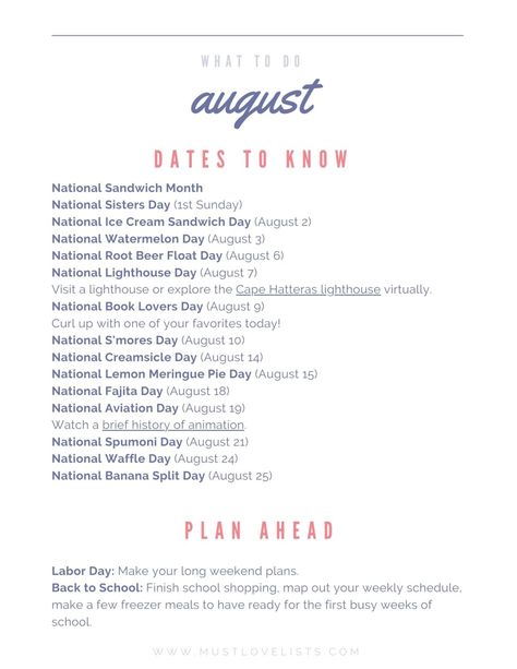 What to Do in August - Must Love Lists Things To Do Once A Month, Fun Holidays To Celebrate, February List, August Activities, Monthly List, Monthly Ideas, Neighborhood Activities, National Sisters Day, Crayon Days