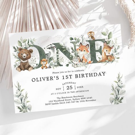 Woodland Animal Birthday, Hannah Grace, Baby Boy Themes, Winter Onederland Birthday, 1st Birthday Party Invitations, Birthday Themes For Boys, Soft Watercolor, Woodland Baby Shower Invitations, Modern Lettering