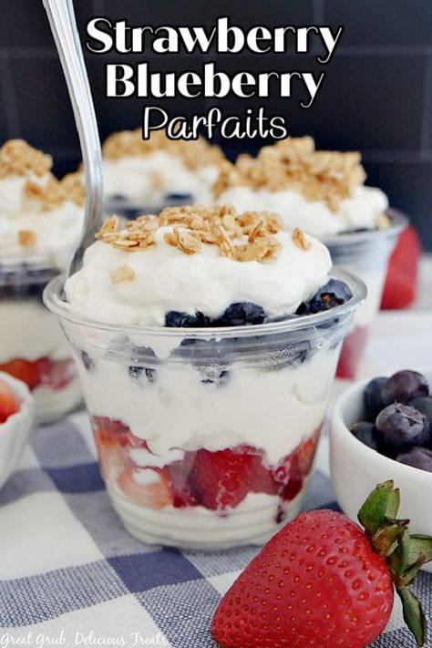 Strawberry Blueberry Parfaits are layered with homemade whipped cream, fresh strawberries and blueberries, and crunchy granola. Strawberries And Blueberries Dessert, Summer Parfait Desserts, Blueberry And Strawberry Dessert, Strawberry And Blueberry Desserts, Berry Parfait Dessert, Strawberry Blueberry Dessert, Christian Recipes, Homemade Parfait, Fruit Parfait Recipes