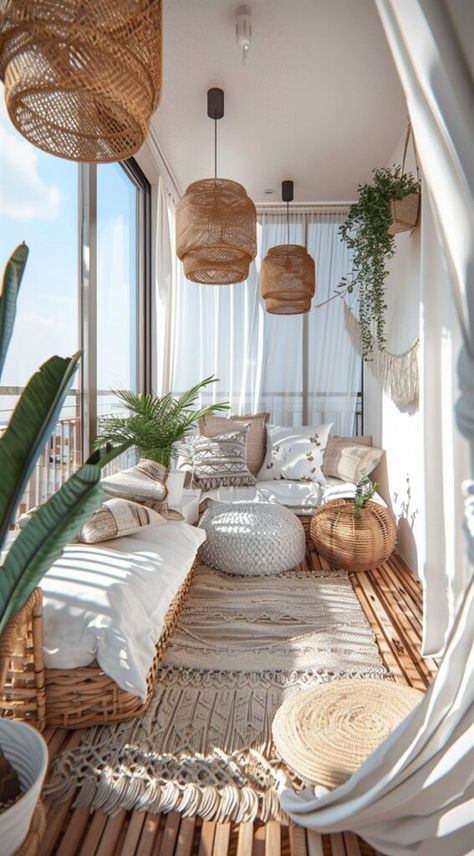 Small Balcony Furniture Ideas, Bohemian Balcony Ideas, Boho Patio Ideas Outdoor Spaces, Boho Studio Apartment Ideas, Boho Apartment Aesthetic, Bohemian Balcony, Balcony Couch, Balcony Aesthetic, Bedroom Ideas For Teens