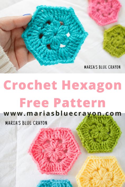 Crochet Hexagon Pattern - Maria's Blue Crayon Crochet Hexagon Pattern, Scrap Blanket, Crochet Hexagons, Crochet Hexagon Blanket, Hexagon Crochet Pattern, Hexagon Crochet, Blue Crayon, Granny Square Crochet Patterns Free, Crochet Triangle