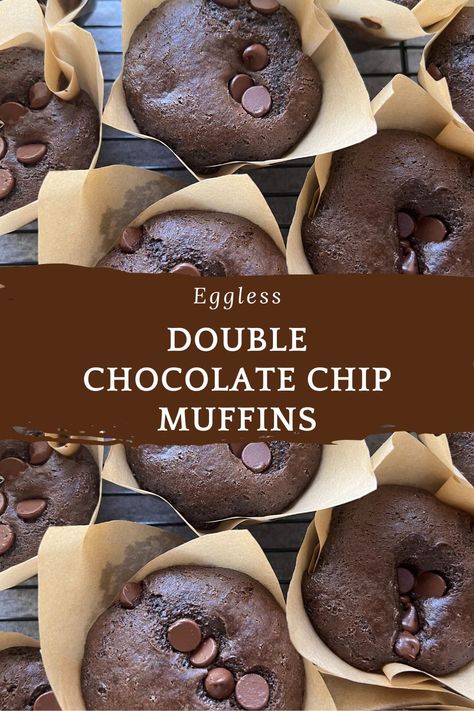 Double Chocolate chip Muffins Eggless Chocolate Muffins, Eggless Muffins Recipes, Eggless Chocolate Muffins Recipe, Chocolate Muffins Easy, Double Chocolate Chip Muffin Recipe, Eggless Muffins, Double Chocolate Chip Cookie Recipe, Chocolate Chip Muffins Recipe, Double Chocolate Chip Muffins