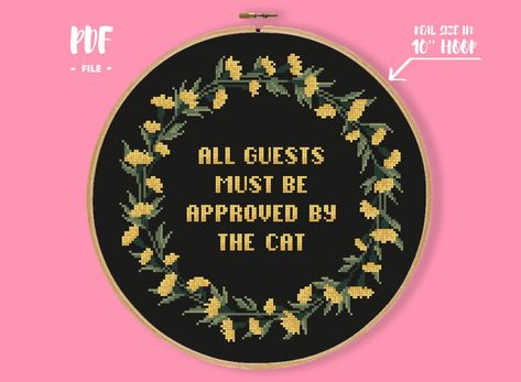 Approved by Cat Cross Stitch Pattern - Etsy Vietnam Cross Stitch Quotes, Stitch Quote, Cat Cross Stitch Pattern, Completed Cross Stitch, Cat Cross Stitch, Pattern Embroidery, Cat Person, Counted Cross Stitch Patterns, First Page