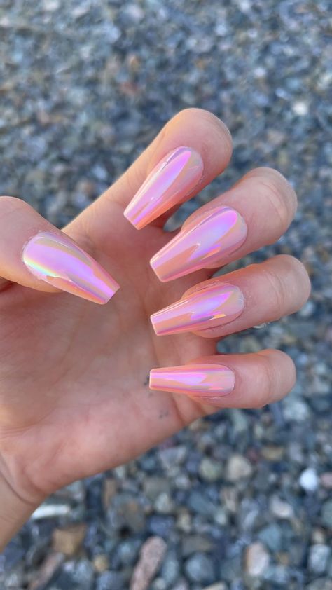 Airadesent Nails, Aerodesent Nails, Holligraphic Acrylic Nails, Pink Crome Nails Coffin, Trending Acrylic Nails 2023 Spring, Spring Acrylic Nails 2023, Spring Color Nails Acrylic, Fun Coffin Nail Ideas, Arclyc Nail Ideas