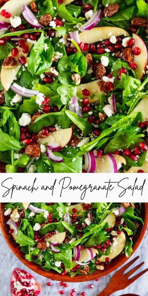 Pomegranate Recipes Healthy, Pomegranate Recipes Salad, Simple Spinach Salad, Christmas Salad Recipes, Pomegranate Recipes, Christmas Salads, Spinach Salad Recipes, Pomegranate Salad, Seasonal Ingredients