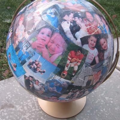 Tissue Photo Globe! This is a little challenging.  If you don't want to print on tissue paper, just do it on regular paper.  Still works!  Globe: You probably have one in your basement or you can pick one up at pretty much every yard sale!: $3  Gesso at any craft store: $5  Tissue paper at dollar store:$2...buy two  Total: $10 Old Globe, Family Collage, A Globe, Birthday Week, Photo Craft, Diy Birthday, Birthday Gift Ideas, Homemade Gifts, Creative Gifts