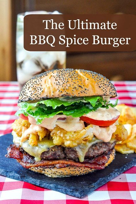 Barbecue Spice Burgers. Start with a simple mix of salt and spices to perfectly season the ground chuck beef. The grilled beef patty then gets served on a toasted bun with a bacon blanket, tempura onions, lettuce, tomato and a roasted garlic sriracha mayo. #burgers #sandwiches #grilling #barbecue  #BBQ  #ad #grilling #burgers #sandwiches Burger Buffet, Cuban Burger, Crazy Burger, Ground Chuck, Cooking Fever, Ultimate Burger, Bbq Spice, Onion Burger, Yellow Curry