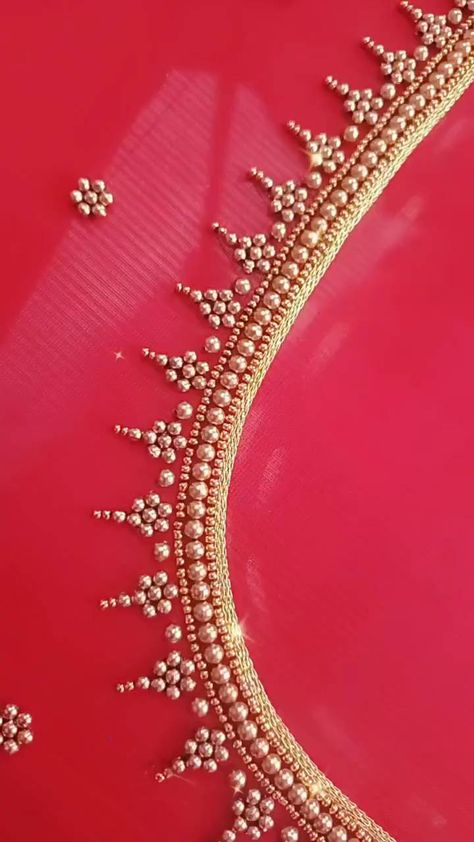 Simple Beads Works On Blouse, Simple Elegant Aari Work, Aari Bead Work Designs, Beads Work On Blouse Simple, Back Neck Aari Designs For Blouses, Aari Work Neck Design For Blouse, Simple Aari Neck Designs, Simple Beads Design On Blouse, Simple Bead Work Blouse