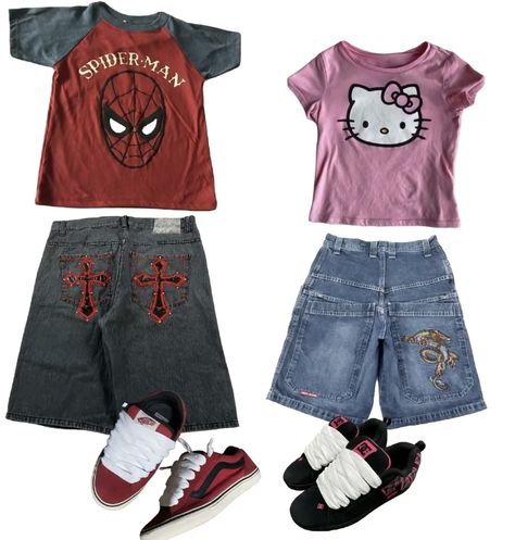 Spiderman T Shirt Outfit, Matching Outfits Y2k, Y2k Matching Outfits, Spiderman Outfit Ideas, Spider Man Outfits, Spiderman Inspired Outfit, Matching Couple Outfits Aesthetic, Hello Kitty And Spiderman, Matching Outfits For Couples