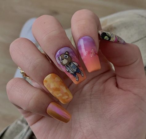 Kanye West Nails, Graduation Kanye West, Kanye Tattoo, Graduation Nails, Fire Nails, Funky Nails, Cute Acrylic Nails, Kanye West, How To Do Nails