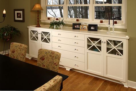 Buffet Under Window, Sideboard Under Window, Buffet Table Dining Room, Buffet Built In, Khaki Walls, Dining Room Window, Dining Room Built In, Built In Buffet, Living Room Wall Color