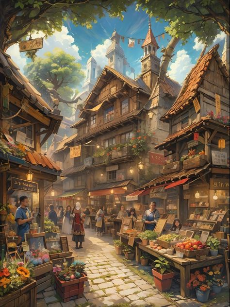 Fantasy Marketplace, Market Concept Art, Fantasy Market, Fantasy Cottage, Medieval Market, Fantasy Town, City Layout, Location Inspiration, Scenery Background