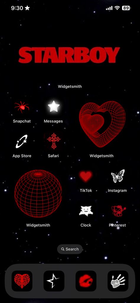 ios 16 homescreen || starboy Red Wallpaper Ideas Ios 16, Red And Black Ios Icons, Phone Themes Black And Red, Red And Black Iphone Theme, The Weekend Phone Theme, Red Phone Theme Aesthetic, Black And Red Ios 16 Wallpaper, Red And Black Ios 16 Homescreen, The Weeknd App Icon