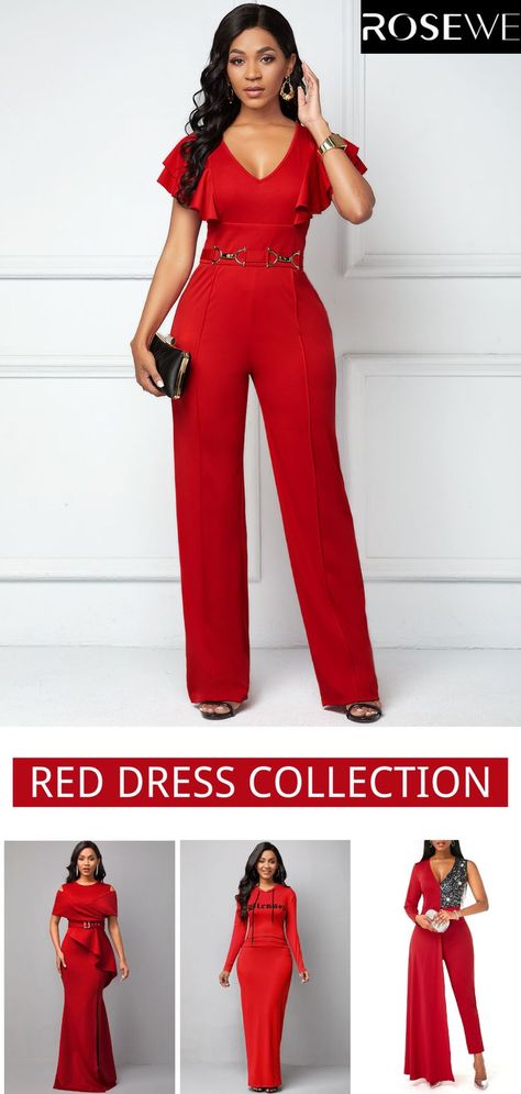 Never miss Classic red dresses for women. Discover your favourite one Red Jumpsuits Outfit, Classy Jumpsuit Outfits, Classic Red Dress, Outfit Jumpsuit, V Neck Jumpsuit, Classy Jumpsuit, Beautiful Jumpsuits, 2piece Outfits, Stylish Jumpsuit