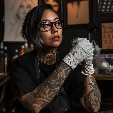 Tattoo artist in studio, wearing sterile gloves, surrounded by sketches and designs. Embodying dedication and focus. Tattoo Parlor Photoshoot, Tattooer Aesthetic, Tattoo Artist Branding, Tattoo Shop Photoshoot, Tattoo Artist Photoshoot, Artist In Studio, Focused Expression, Tattoo Photoshoot, Studio Setting