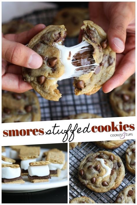 Smores Cookies Recipes, Meal Board, Fancy Deserts, Smores Cookie, Stuffed Chocolate Chip Cookies, Chocolate Marshmallow Cookies, Soft Cookie Recipe, Smore Recipes, Marshmallow Cookies