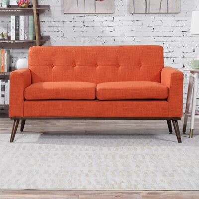 Orange Loveseat, Sofa For Small Spaces, Small Spaces Bedroom, Wooden Leg Sofa, Mid Century Loveseat, Mid Century Modern Loveseat, Loveseat Couch, Tufted Loveseat, Shabby Chic Table And Chairs