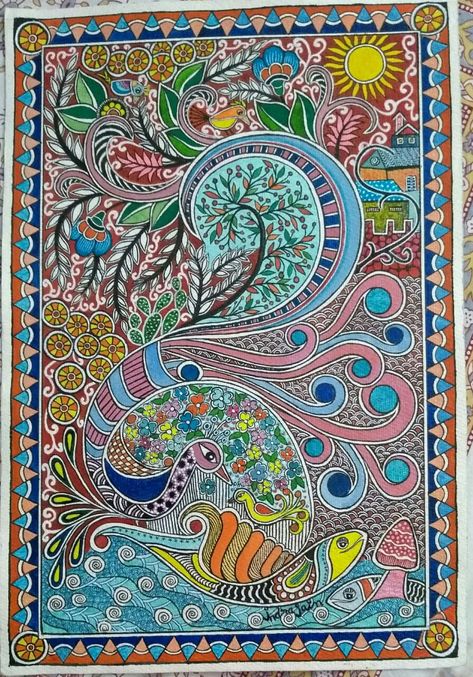 Large Madhubani Paintings, Alpana Art, Madhubani Patterns, Spiral Design Art, Artistic House, Madhubani Motifs, Madhubani Paintings Peacock, Pattachitra Art, Gond Art