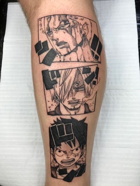 One piece tattoo. One Piece Shoulder Tattoo, One Piece Panel Tattoo, One Piece Sleeve Tattoo, One Piece Tattoo Ideas Design, Anime Leg Tattoo, Zoro Tattoo Ideas, Zoro One Piece Tattoo, One Piece Tattoo Design, Luffy Tattoo Ideas