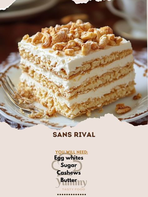 🌟 Delight in Sans Rival—a rich, nutty, and buttery dessert that’s a showstopper for any occasion. Try it today! 🌰🍰 #SansRival #PhilippineDesserts Sans Rival Ingredients: Egg whites (6) Sugar (1 cup) Cashews (1 cup, chopped) Butter (1 cup, softened) Vanilla extract (1 tsp) Cream (1 cup) Instructions: Preheat oven to 300°F (150°C). Beat egg whites until stiff peaks form. Gradually add sugar, then fold in cashews. Spread mixture on baking sheets and bake for 1 hour. Cool completely. Beat but... Sans Rival Cake Recipe, Sansrival Recipe, Sans Rival Cake, Sans Rival, Cozy Fall Recipes, Filipino Desserts, Filipino Dishes, Festive Drinks, Cashew Butter