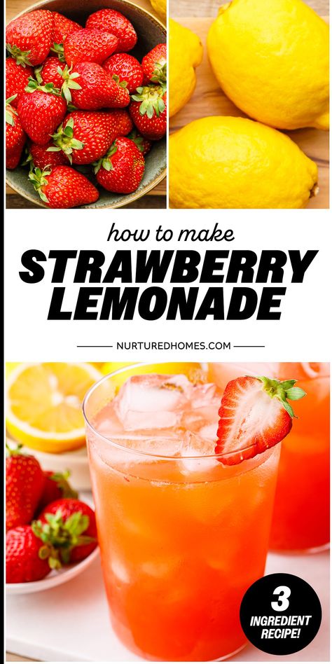 This easy strawberry lemonade recipe is so incredibly refreshing (and it only has 3 ingredients!). Here's how to make it. Best Strawberry Lemonade Recipe, How To Make Strawberry Juice, Easy Lemonade Recipe Kids, Strawberry Syrup For Lemonade, Fresh Strawberry Lemonade Recipe Easy, Strawberry Lemonade Recipe For A Crowd, Easy Strawberry Lemonade, Easy Lemonade Recipe, Slushy Drinks