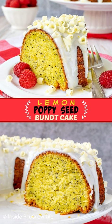 Lemon Poppy Seed Bundt Cake Recipe, Lemon Poppy Seed Bundt Cake, White Chocolate Curls, Perfect Lemon Bars, Poppy Seed Bundt Cake, Mini Lemon Cheesecakes, Easy Bundt Cake Recipes, Poppyseed Cake, Peanut Butter Mug Cakes