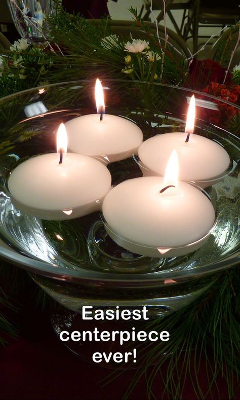 Four tealight candles in a clear bowl filled with water and surrounded with greens. "Easiest centerpiece ever!" Tealight Centerpiece, Tea Lights Centerpieces, Fall Ball, Simple Centerpieces, Tealight Candles, Tea Light Candles, Tealight, Glass Bowl, Tea Lights