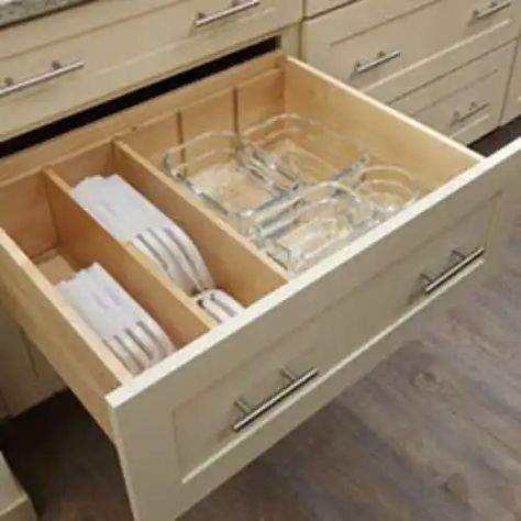 Deep Kitchen Drawer Organization, Tupperware Storage, Pan Storage, Lake House Kitchen, Pot Storage, Kitchen Cabinet Drawers, Kitchen Drawer Organization, Tray Organization, Kitchen Cabinet Organization