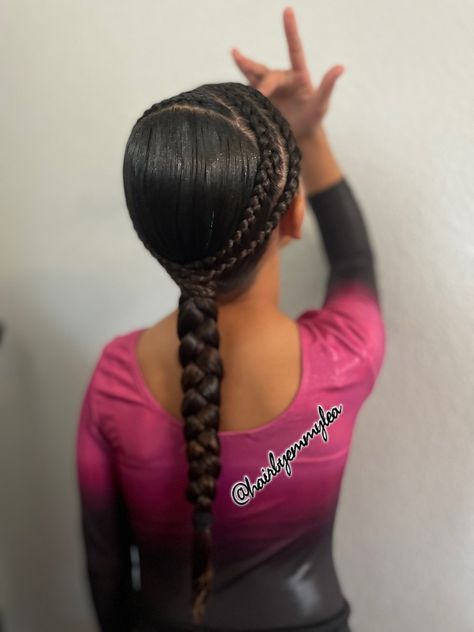 Hair by Emmy-Lea~ Gymnastics Hair Black Gymnast Hairstyles, Competition Gymnastics Hair, Gymnastics Hairstyles For Kids, Gymnastics Competition Hairstyles, Gymnastics Braids, Gymnastics Hair For Practice, Gymnastics Hair For Meets, Cute Gymnastics Hairstyles, Girls Gymnastics Hair