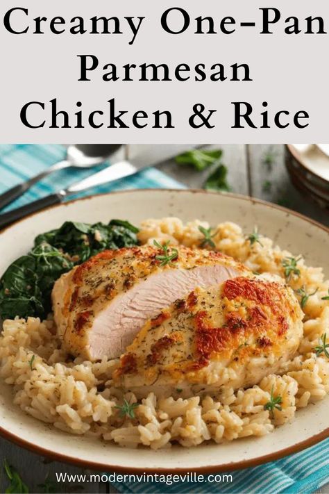 Craving comfort food? 🍲 This creamy one-pan Parmesan chicken & rice dish is perfect for busy weeknights! Juicy chicken, rich Parmesan, and tender rice all cooked in one skillet for minimal cleanup.  Main Ingredients Chicken breasts Rice   Flavor Enhancers Garlic Olive oil Salt and pepper  Liquid Base Chicken broth Heavy cream  Add-ins Spinach (optional)   Finishing Touches Parmesan cheese One Pan Creamy Parmesan Chicken And Rice, Parmesan Chicken Rice, Parmesan Chicken And Rice, Green Rice Recipe, Cauliflower Rice Easy, Creamy Parmesan Chicken, White Rice Recipes, Parmesan Cauliflower, Chicken Green Beans