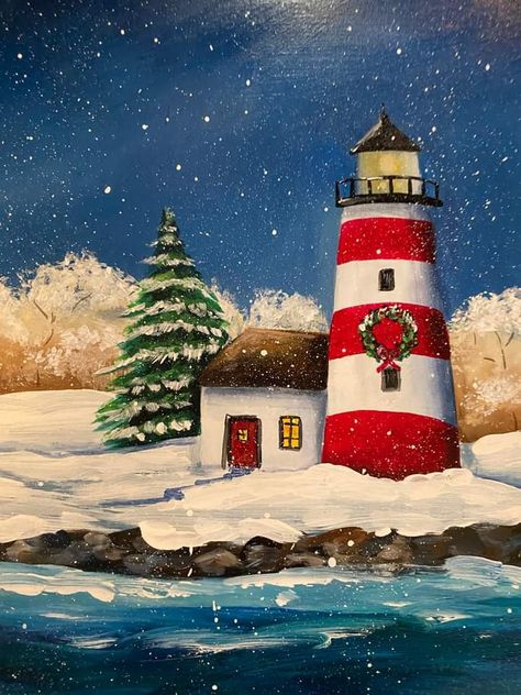 Acrylic Winter Scene Paintings, Winter Lighthouse, Christmas Lighthouse, Lighthouse Christmas, Night Paintings, Winter Scene Paintings, Easy Scenery Drawing, Learn Acrylic Painting, Oil Pastel Drawings Easy