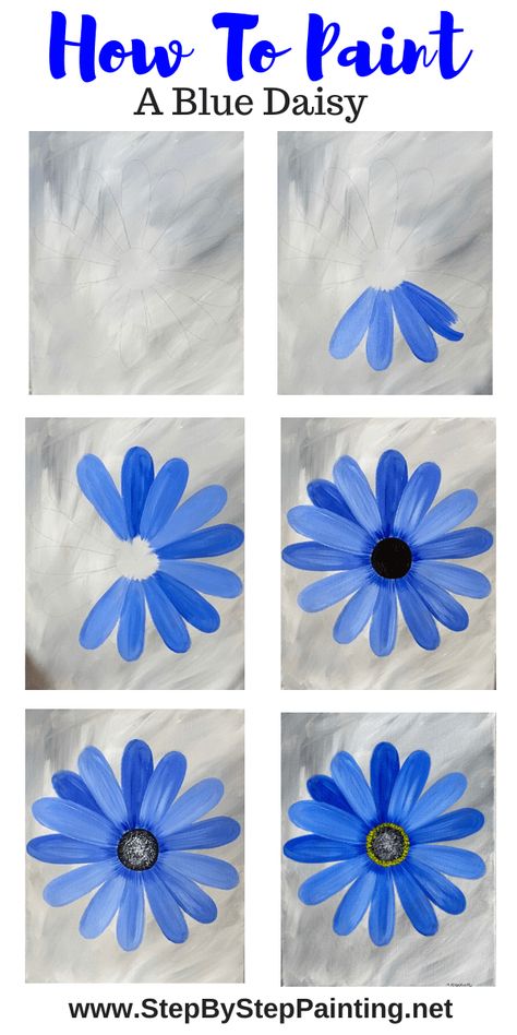 Daisy Painting - Step By Step Painting - Tutorial for Beginners Flower Painting Easy, Painting Step By Step, Painting Instructions, Easy Flower Painting, Blue Flower Painting, Acrylic Painting Flowers, Daisy Painting, Canvas Painting Tutorials, Simple Canvas Paintings