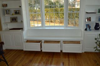 Built in book shelf's and Bay window with seat and draws - Traditional - Living Room - Boston - by Phillip F Gaudette Construction Co. | Houzz Window Bookcase, Den Remodel, Window Bay, Studio Renovation, Boston Living Room, Small Den, Built In Window Seat, Bookcase Ideas, Window Seat Design