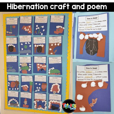 When we learn about hibernation, we love singing this poem to learn about how each animal survives the cold winter! Read this post for tons of ideas about migration, camouflaging, and other ways animals adapt. One of my favorite science units for kindergarten and first grade! #tejedastots #animalsinwinter #hibernation Hibernate Migrate Adapt Preschool, Animals In Winter Kindergarten, Hibernation Crafts Kindergarten, Kindergarten Hibernation, Hibernation Kindergarten, Hibernation Art, Preschool Bears, Hibernation Preschool Theme, Hibernation Preschool Crafts