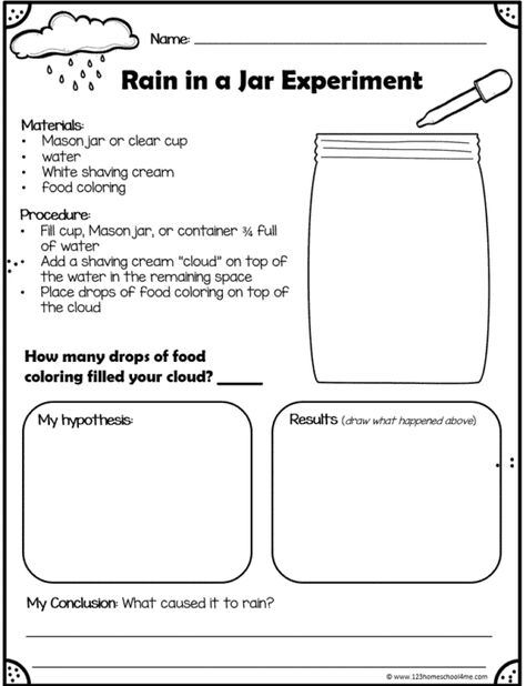 free printable rain cloud in a jar worksheet Cloud In A Jar Experiment, Rain In A Jar, Jar Worksheet, Cloud In A Bottle, Clouds For Kids, Weather Experiments, Cloud In A Jar, Cloud Activities, Grade 2 Science