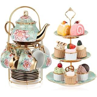 Amazon.com | CHANJOON 20 Piece Gold plated red rose ceramic tea set, vintage tea set with teapot, beautiful tea and coffee service for 6 people 20 pieces: Tea Sets Tea Room Decor, Ceramic Cake Stand, Flower Tea Cup, Tiered Dessert Stand, Christmas Tea Party, Cake Stand Ceramic, Tea Party Setting, Teapot Set, Ceramic Tea Set